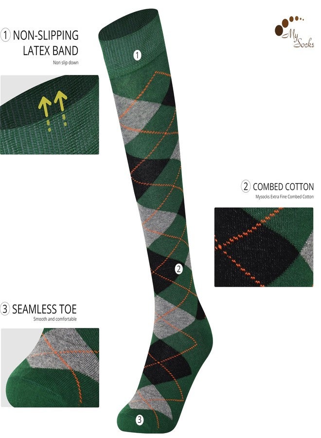 Mysocks جوارب مايسوكس أرجيل طويلة تصل إلى الركبة للرجال والنساء - جوارب جولف بنقشة مربعات مميزة لركوب الخيل - جوارب أرجيل ناعمة ومطاطية بألوان الأخضر الرمادي والأسود والبرتقالي - Image 2